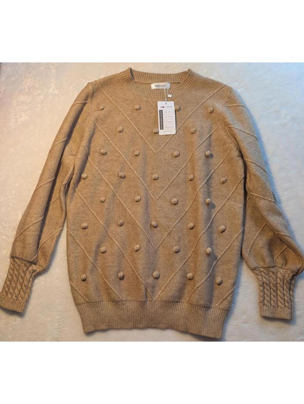 Hocosit Women's Beige Knit Sweater with Bobble and Cable Knit Detail, Size L